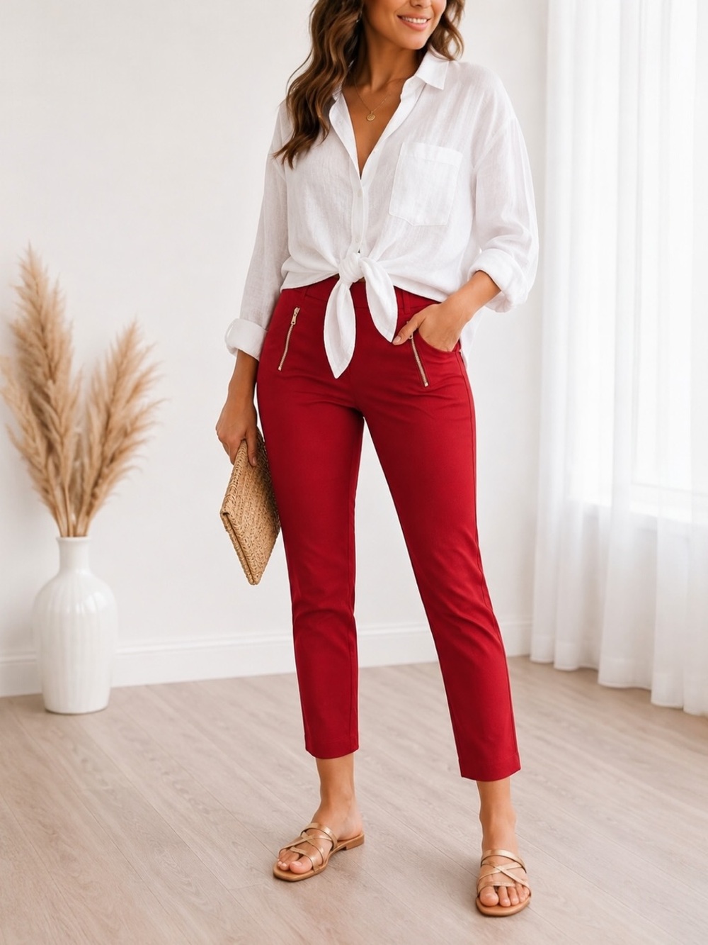 LOFT Julie Skinny Red Ankle Pants Gold Zip Career Office Size 4